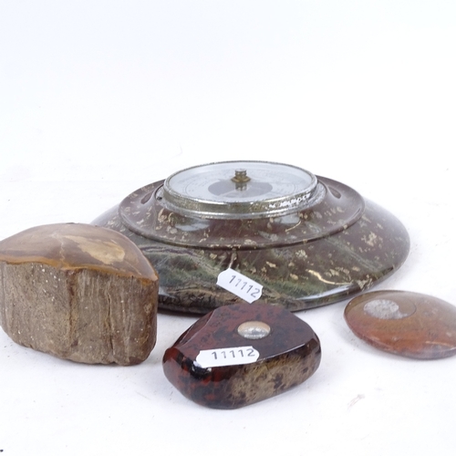 697 - A serpentine marble barometer, 22cm, ammonite, a compass etc