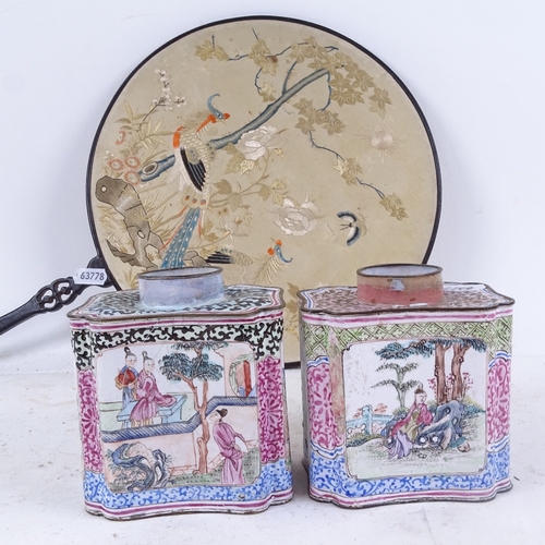 701 - A pair of Oriental enamelled tea caddies, height 10.5cm, and a Chinese silk fan with peacock design