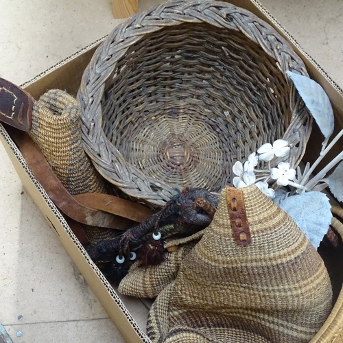 728 - Table lamp and shade, and a box with candlestick, baskets etc