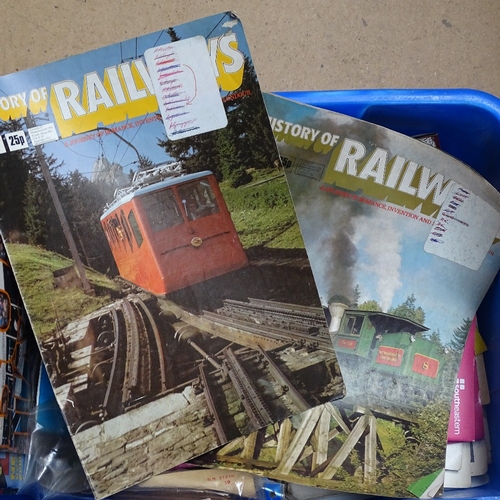 736 - 2 boxes of railway ephemera, including magazines, model railway products etc