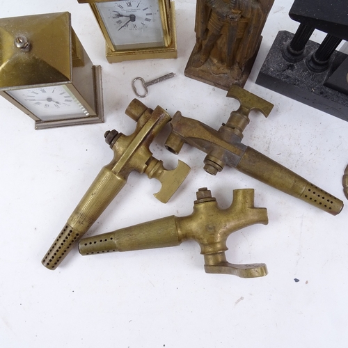 781 - 2 brass-cased carriage clocks, a slate clock, a novelty knight figure cigarette lighter, and 3 barre... 