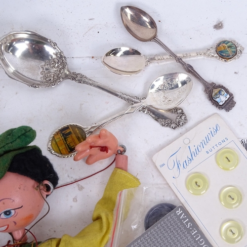 792 - A Pelham Puppet, buttons, souvenir spoons etc