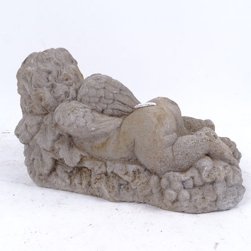 798 - Concrete garden ornament head, and a concrete cherub, length 30cm