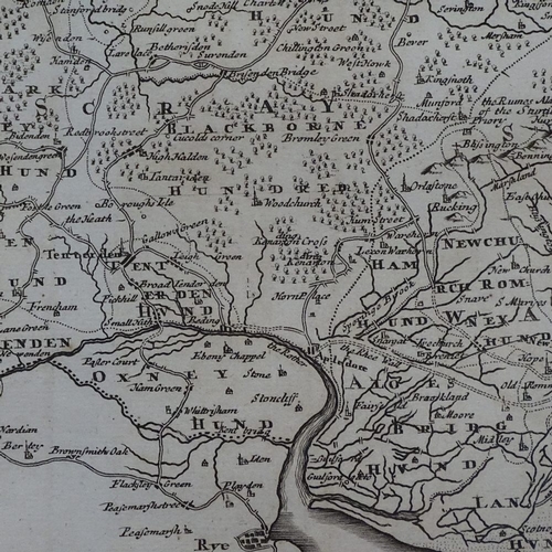 814 - A framed map of Kent by Robert Morden, 33cm x 79cm overall, and an unframed hand coloured map of Bed... 