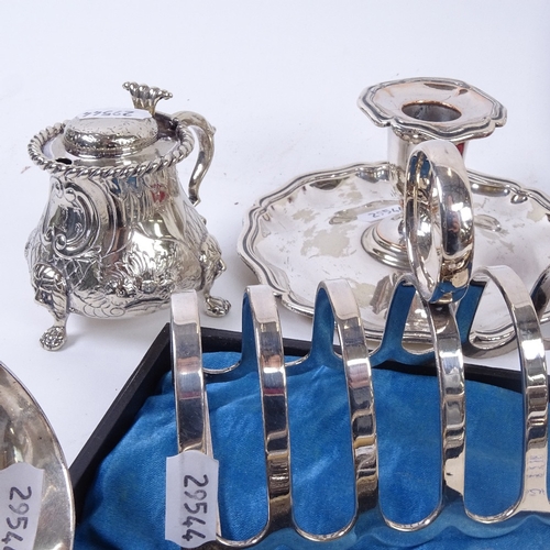 853 - A cased fish serving set, silver plate on copper wine coasters, plated ladle, cruet set etc