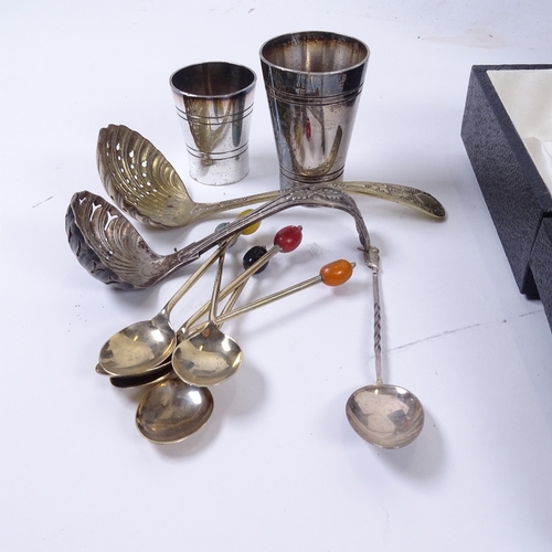 854 - Georgian silver mustard spoons, a 3-piece plated tea set, a cased cruet set etc