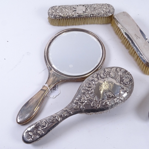 858 - 5 various silver-backed dressing table brushes and mirror