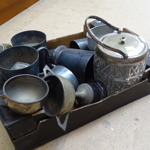 882 - A box with pewter tankards, glass and silver plated mounted ice bucket etc