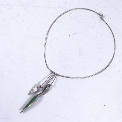 894 - BORGE AXEL MEYER? - silver and green glass triple-pendant necklace, necklace length 38cm, 13.4g