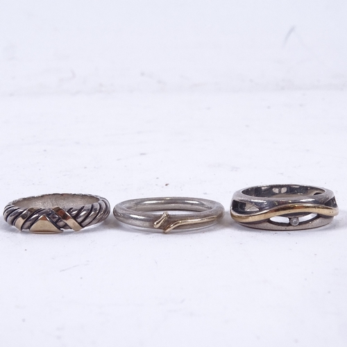 900 - 3 Danish sterling silver and gilt modernist stylised rings, no maker's marks, largest band width 6.2... 