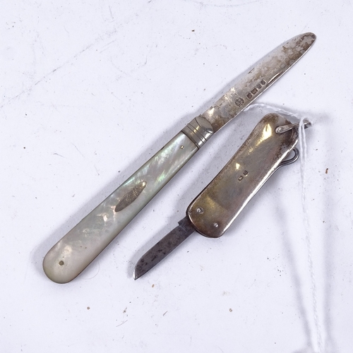 901 - 2 Antique silver-bladed and mother-of-pearl fruit knives, another, and a silver combination buttonho... 