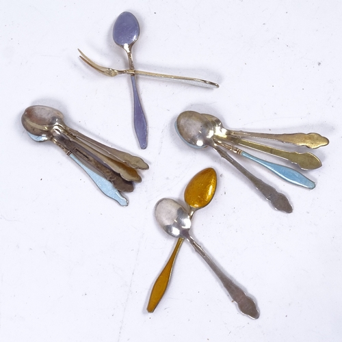 906 - A group of Norwegian and Danish sterling silver and harlequin enamel flatware, comprising set of 5 c... 