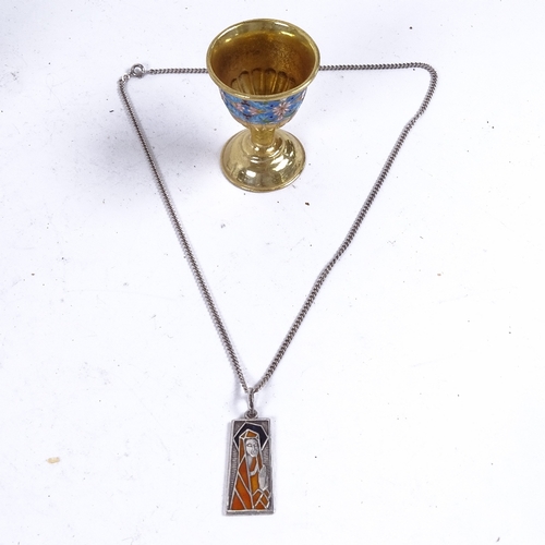 939 - Various silver, including silver-gilt enamel egg cup, sterling enamel religious plaque etc