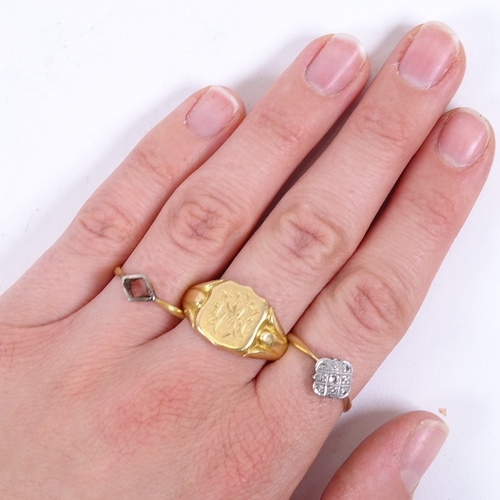 946 - An 18ct gold gent's signet ring, 9.2g, an 18ct gold and diamond set daisy design ring, 2.2g, and an ... 