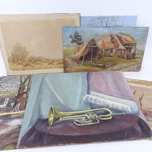 1057 - Folder of oil paintings and watercolours, various artists