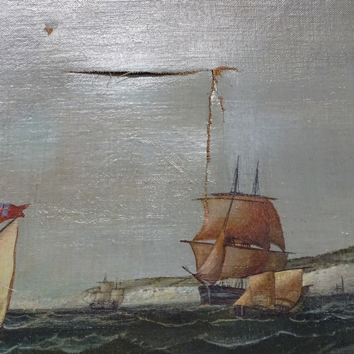 1072 - 19th century oil on canvas, ships at sea, unsigned, A/F, 50cm x 66cm, framed