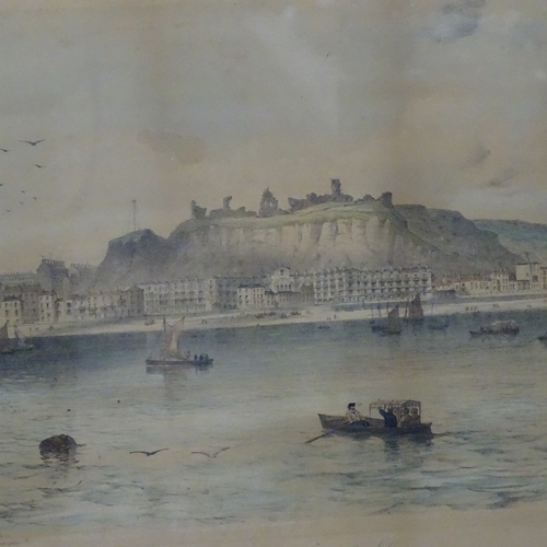 1100 - 19th century watercolour, figures on a beach, and a 19th print, Hastings from the sea and another (3... 