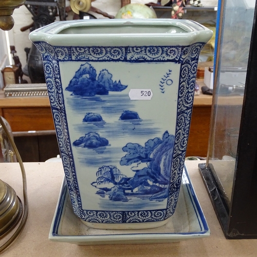 520 - A pair of modern blue and white vases and covers, height 27cm, and a Chinese blue and white porcelai... 