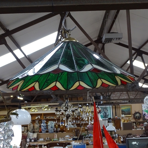 575 - A Tiffany style coloured glass leadlight hanging light fitting, diameter 53cm, with matching fan-sha... 