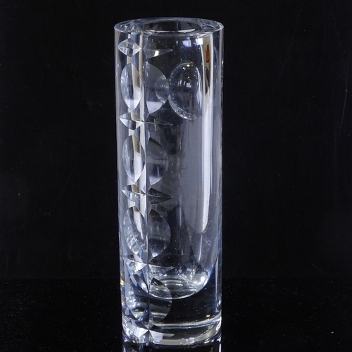 107 - Mona Morales Schildt for Kosta Sweden, cylindrical clear glass vase with heavily cut geometric desig... 