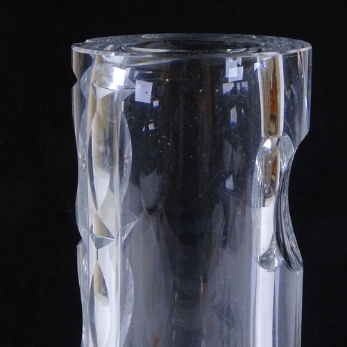 107 - Mona Morales Schildt for Kosta Sweden, cylindrical clear glass vase with heavily cut geometric desig... 