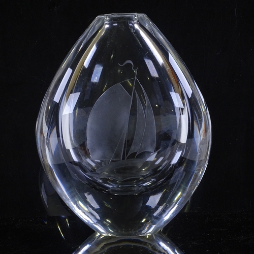 108 - Sven Palmqvist for Orrefors Sweden, clear glass vase with cut yacht design, 1960, fully signed PU369... 