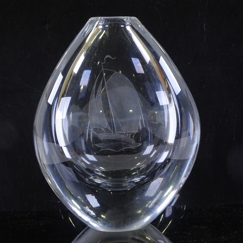 108 - Sven Palmqvist for Orrefors Sweden, clear glass vase with cut yacht design, 1960, fully signed PU369... 