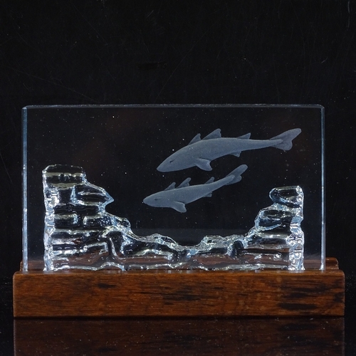 110 - Strombergshyttan Sweden, glass shark sculpture, circa 1970, length 19cm, on original wood display st... 