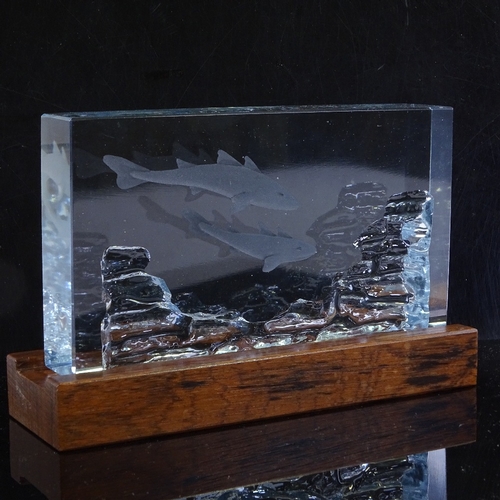 110 - Strombergshyttan Sweden, glass shark sculpture, circa 1970, length 19cm, on original wood display st... 