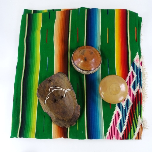 120 - A large hand woven Mexican Saltillo Serape (blanket), a carved and painted wood mask, a pair of pain... 