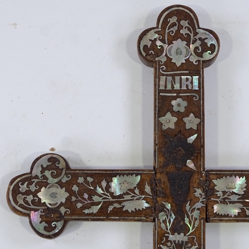 126 - A 19th century Chinese hardwood and mother-of-pearl inlaid Apostles cross, height 47cm