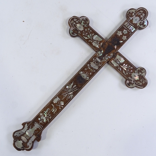 126 - A 19th century Chinese hardwood and mother-of-pearl inlaid Apostles cross, height 47cm