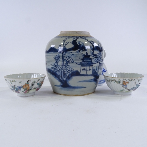 127 - A group of Chinese ceramics, including a blue and white jar and cover with 4 character mark, height ... 