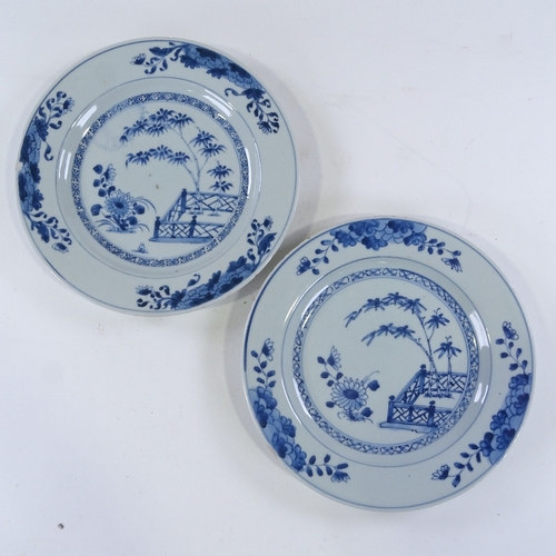 129 - A pair of Chinese blue and white porcelain plates, hand painted bamboo designs, diameter 23cm