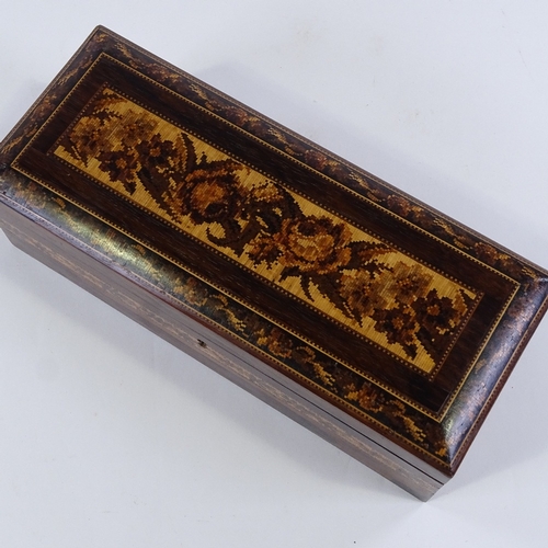 13 - A Victorian Tunbridge Ware and rosewood box of rectangular form, floral micro-mosaic decorated lid, ... 