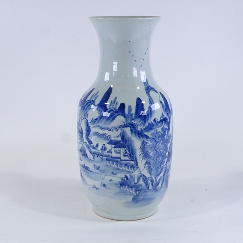 131 - A Chinese blue and white porcelain vase, hand painted river scenes with ships, height 44cm, rim diam... 