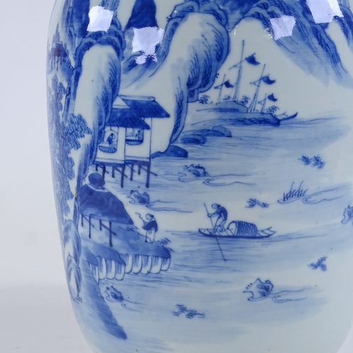 131 - A Chinese blue and white porcelain vase, hand painted river scenes with ships, height 44cm, rim diam... 