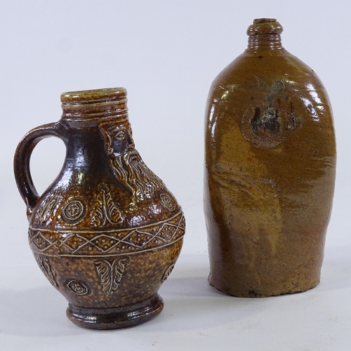 132 - An Antique salt glaze stoneware flagon, height 21cm, and a Bellarmine style salt glazed flagon, heig... 