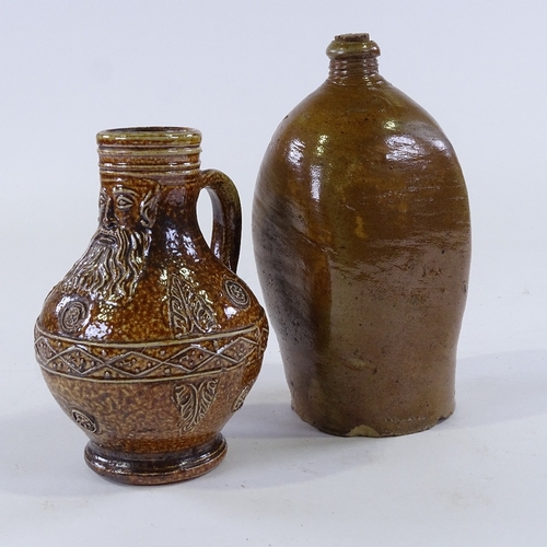 132 - An Antique salt glaze stoneware flagon, height 21cm, and a Bellarmine style salt glazed flagon, heig... 