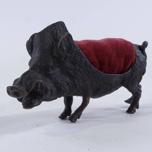 135 - A Austrian patinated bronze wild boar design pin cushion, length 12cm, no marks