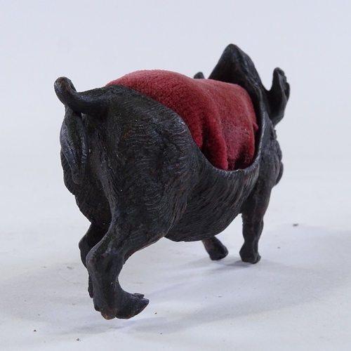 135 - A Austrian patinated bronze wild boar design pin cushion, length 12cm, no marks