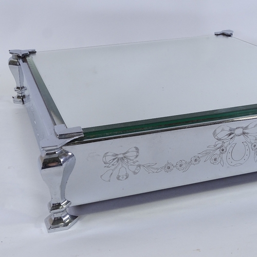 147 - A fine quality mirror-topped square cake display stand, in engraved chrome plate surround, in origin... 