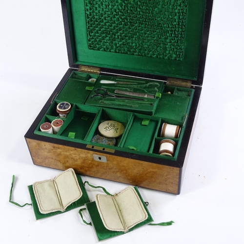 155 - A mid-19th century maple sewing box, with silk-lined tray fitted interior, dated 1842, by Fisher of ... 