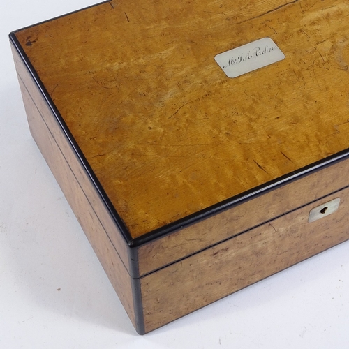 155 - A mid-19th century maple sewing box, with silk-lined tray fitted interior, dated 1842, by Fisher of ... 