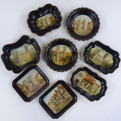 166 - A set of 8 papier mache gaming counter trays, each with hand painted Canterbury scenes (8)