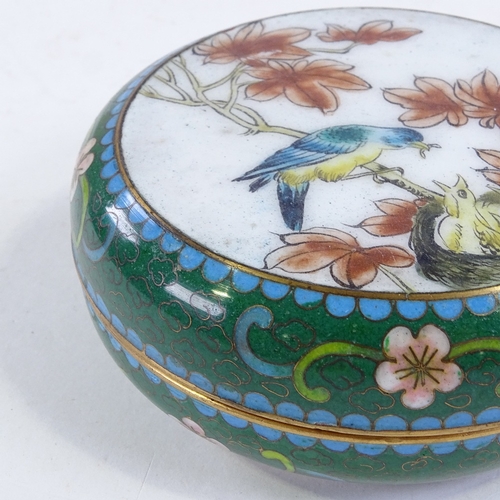 179 - A Chinese cloisonne enamel circular box, with bird and nest decorated lid, diameter 10.5cm