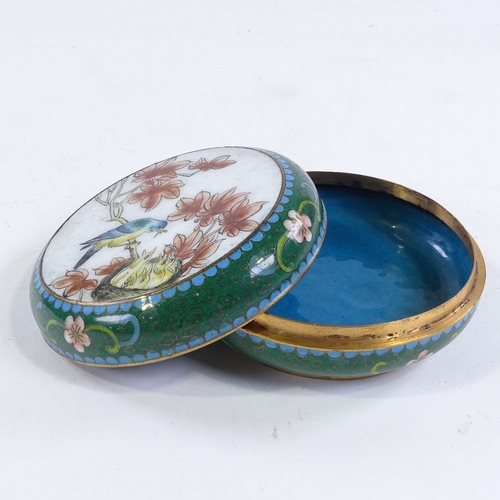 179 - A Chinese cloisonne enamel circular box, with bird and nest decorated lid, diameter 10.5cm