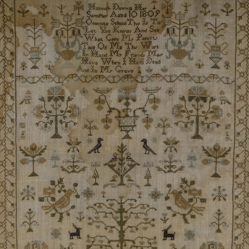 185 - A George III needlework sampler, by Hannah Deavill, aged 10, 1809, Onecote School, maple frame, over... 