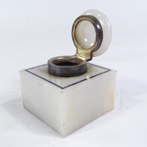 202 - An onyx and lapis inlaid inkwell with silver mount, width 7.5cm