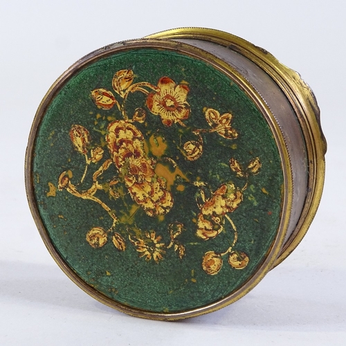 203 - An 18th century lacquer and gilt-metal circular box, with tortoiseshell lining, diameter 7cm